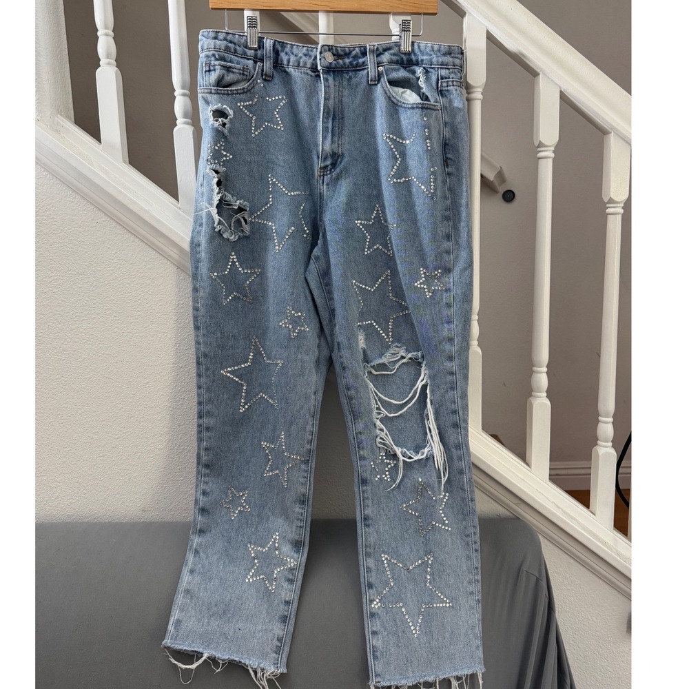 Simple Society Rhinestone Star Distressed Jeans Light Wash Size 13/31 Y2K Denim